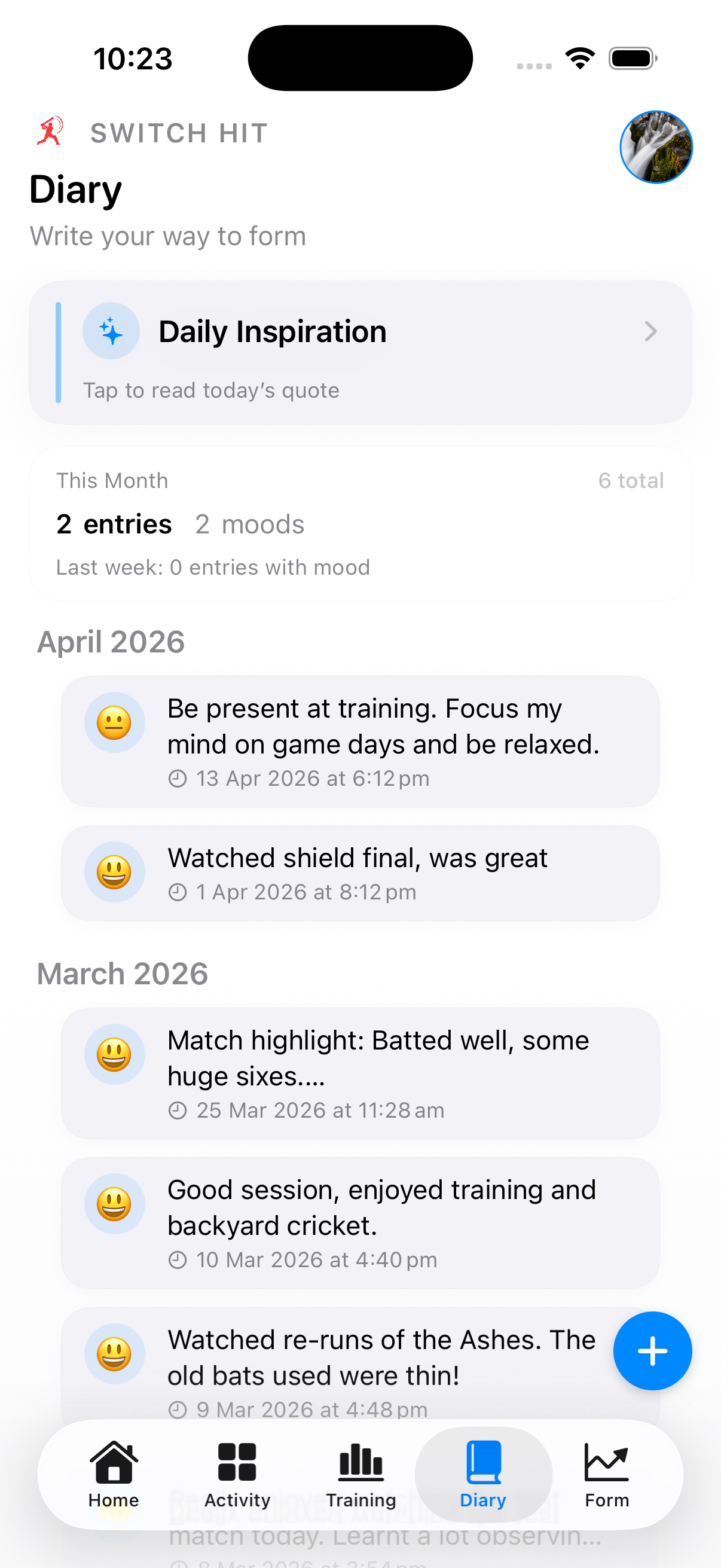 Switch Hit diary view showing logged reflections and cricket notes