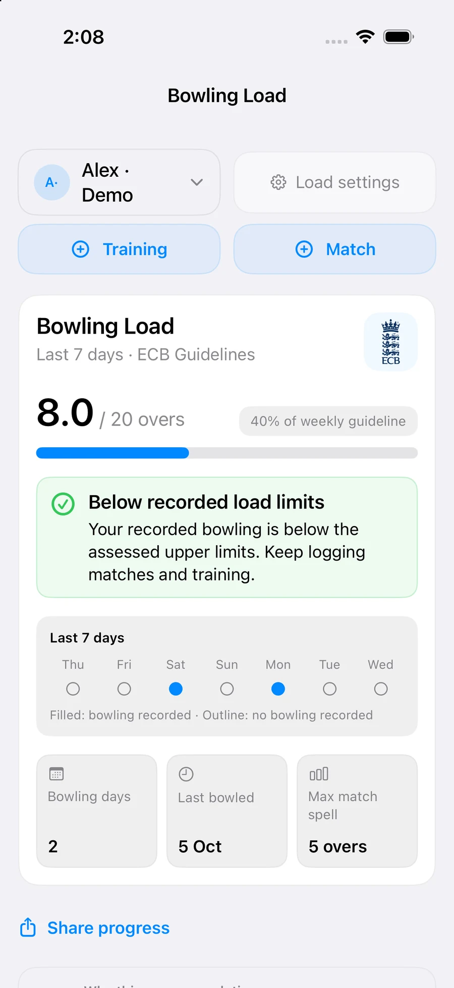 Current Parent Mode Bowling Load dashboard for Alex, a synthetic demo player, with training and match records, load and rest context