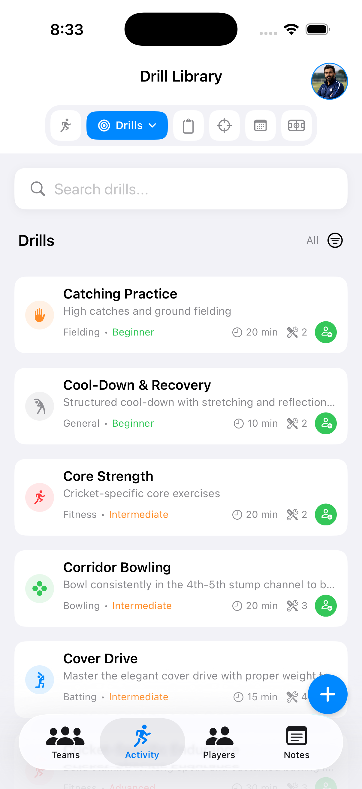 Switch Hit Coach Activity Drills screen showing cricket drill list with skill category, difficulty, duration, and player count on iPhone