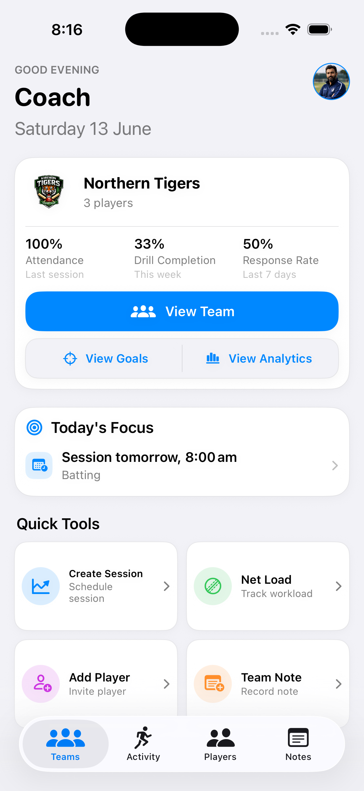 Switch Hit Coach mode home dashboard showing team attendance, drill completion, response rate, today's focus, and quick tools on iPhone