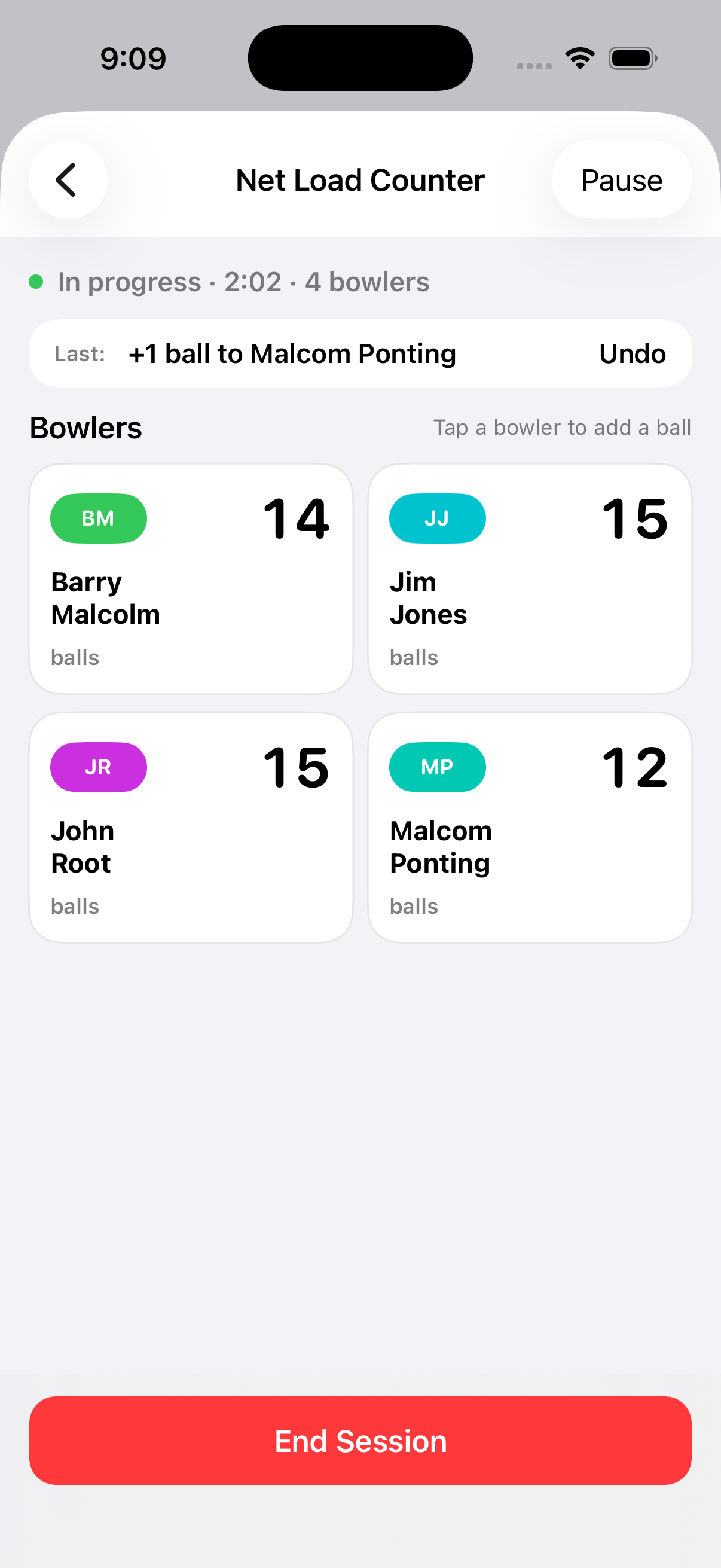 Switch Hit Net Load Counter in Coach mode showing bowler ball counts and active session controls on iPhone