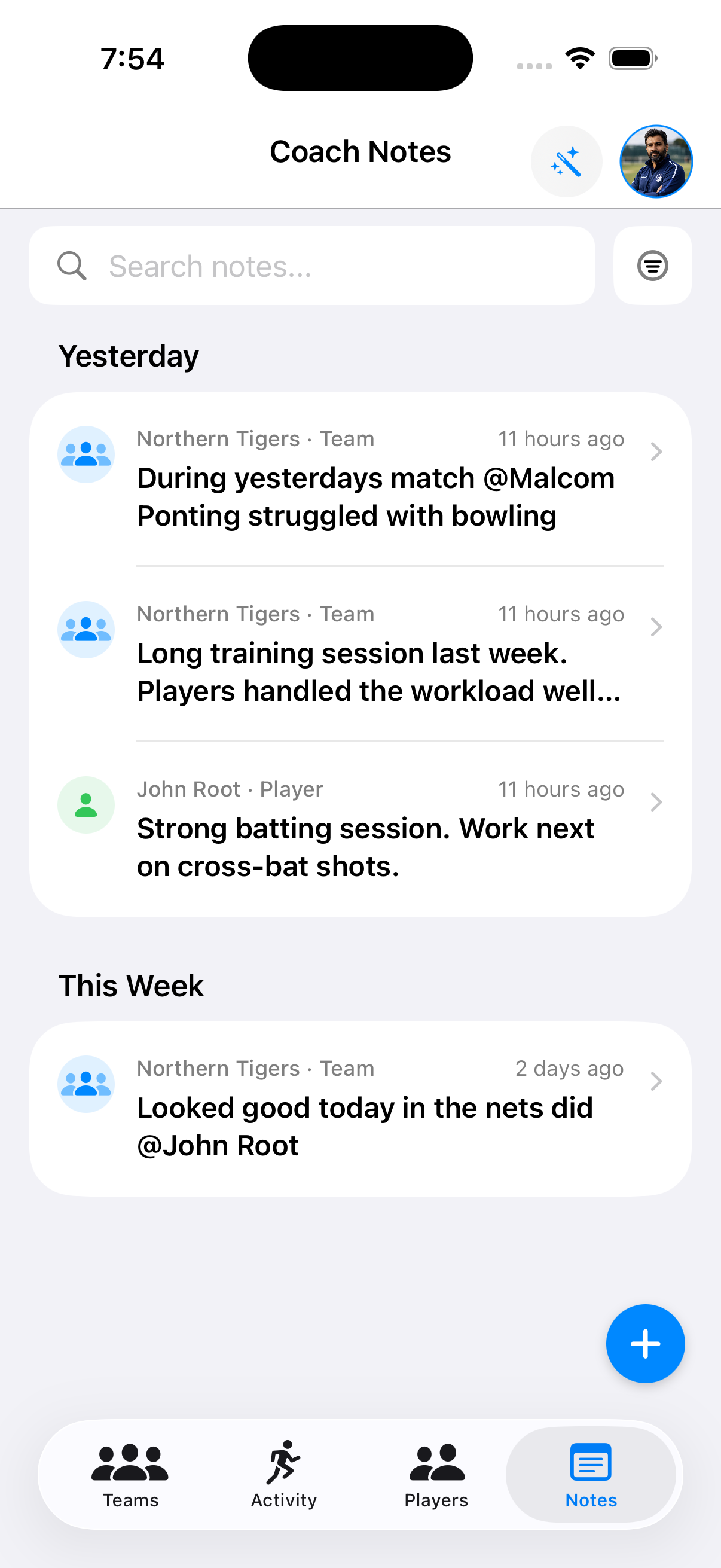 Switch Hit Coach Notes screen showing private notes for player follow-up on iPhone