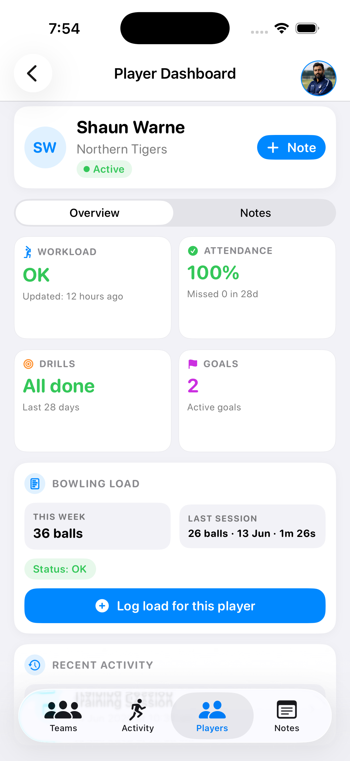 Switch Hit player dashboard in Coach mode showing workload, attendance, drills, goals, bowling load, recent activity, and latest note on iPhone