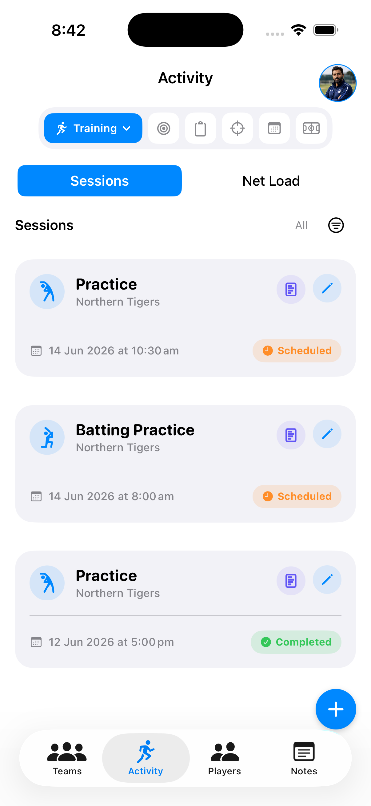 Switch Hit Coach Activity Training screen showing scheduled team sessions on iPhone