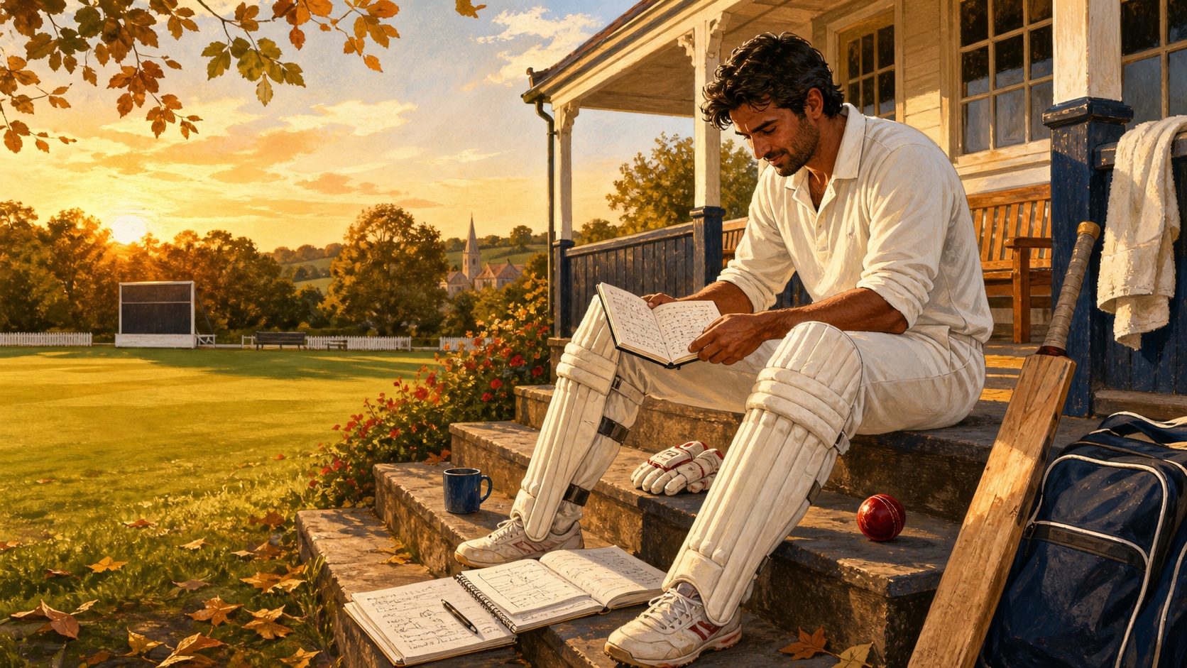 A club cricketer reviewing season notes beside a village cricket ground at the end of summer