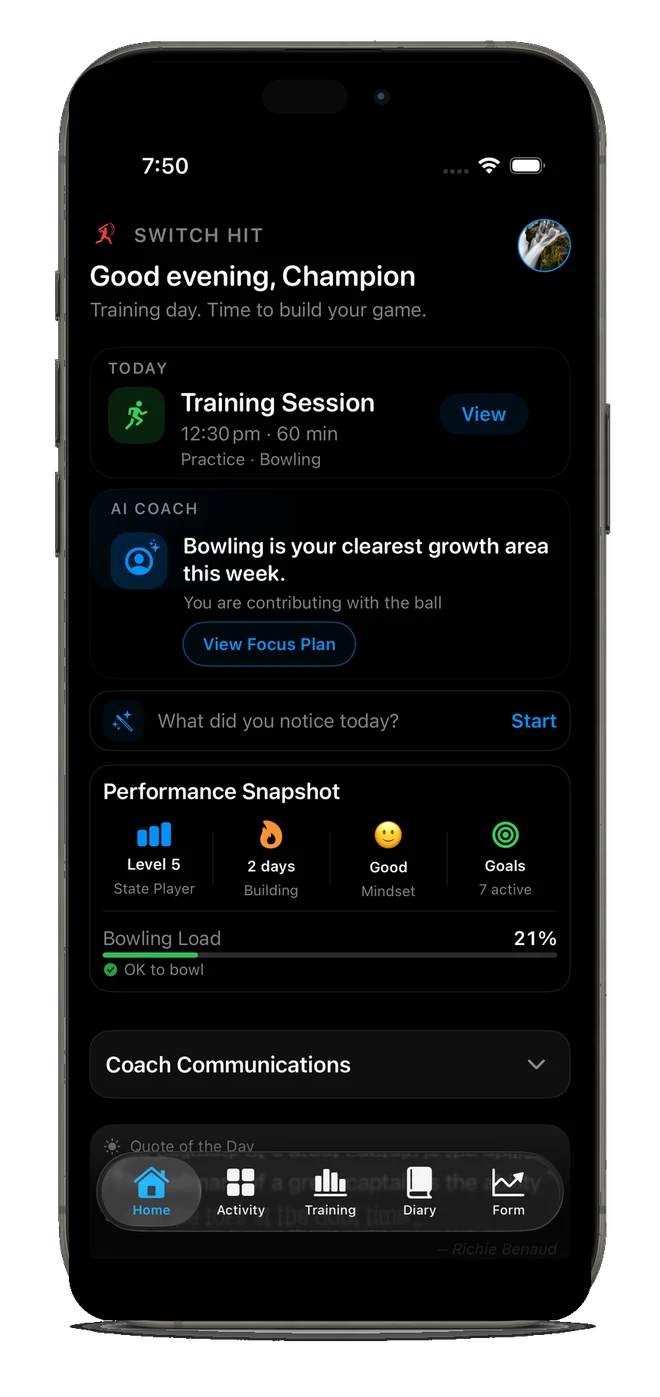 Switch Hit cricket training app home screen showing AI coach focus, training progress, goals, and performance snapshot