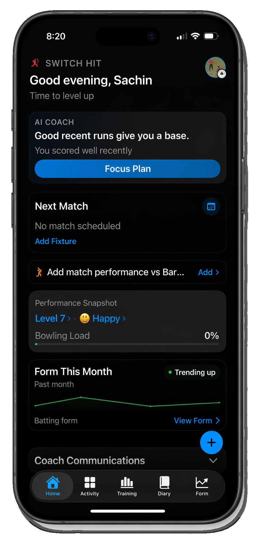 Switch Hit home screen showing cricket focus, goals, and activity