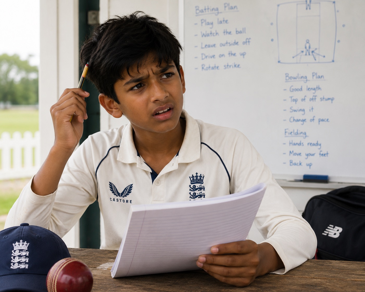 A young cricketer looking unsure after training