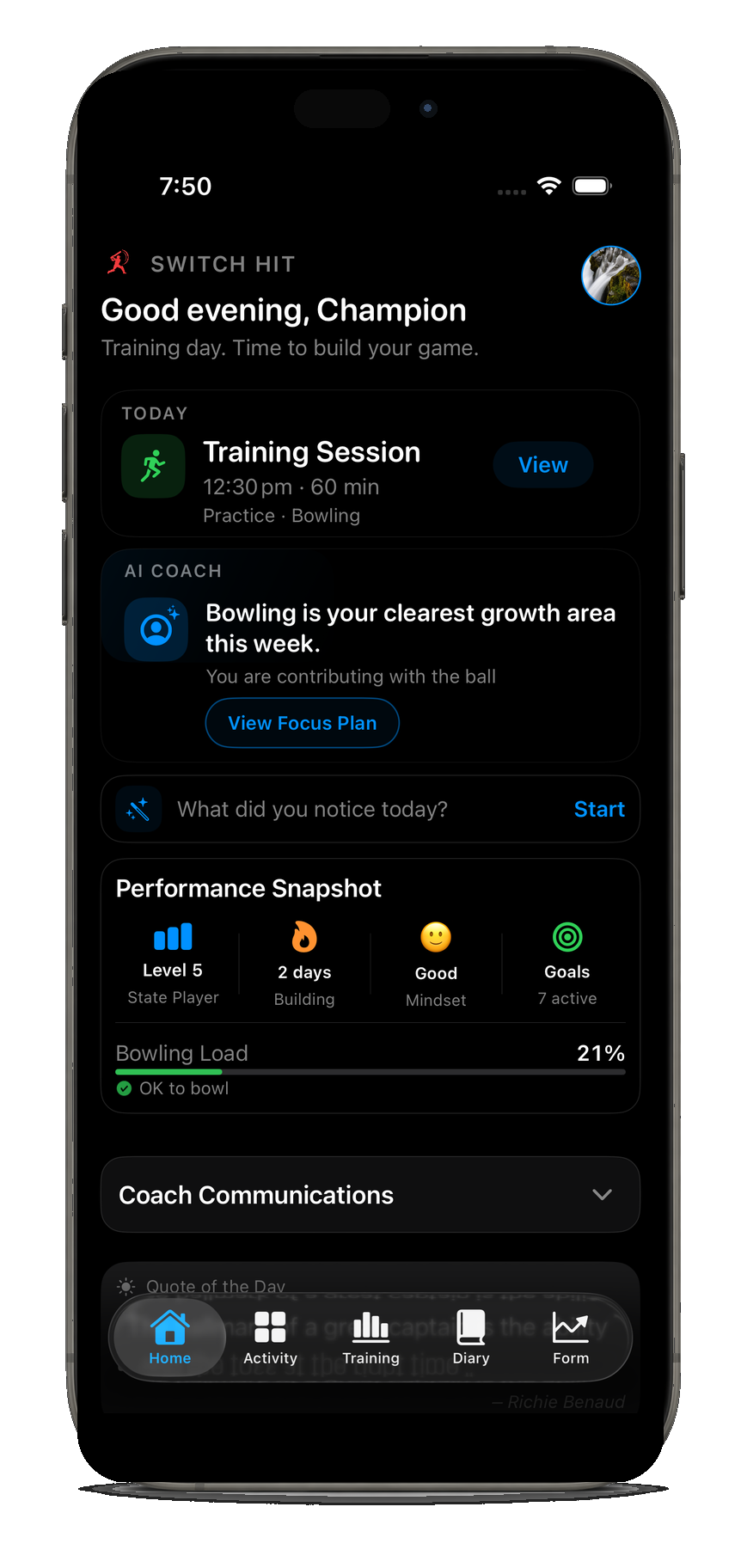 Switch Hit home screen showing training, AI coach focus, and performance snapshot