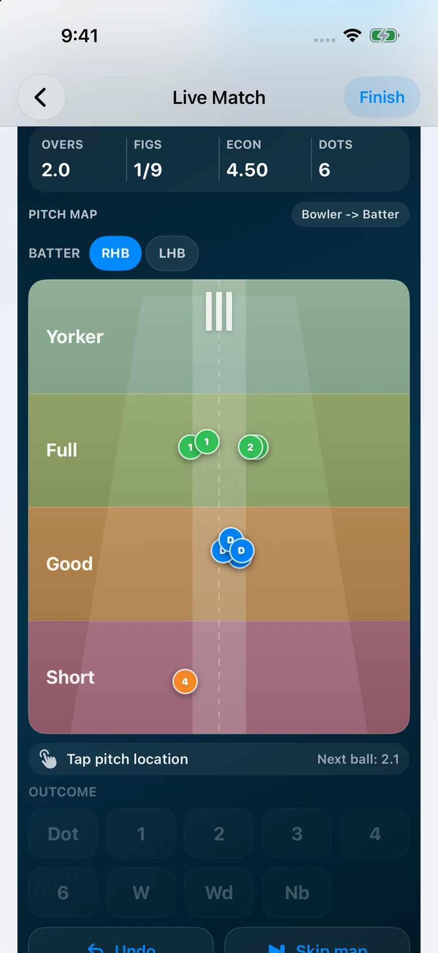 Live bowling scoring for a synthetic demo spell: 2.0 overs, 1 wicket for 9 runs, economy 4.50 and 6 dot balls, with 12 mapped deliveries