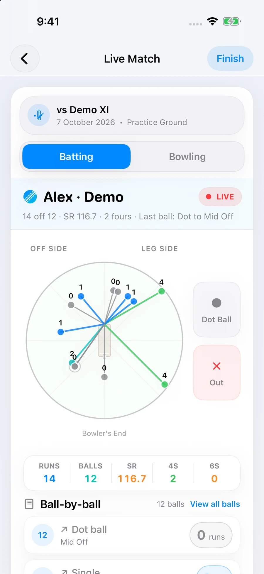 Live Match batting scoring screen for Alex, a synthetic demo player, with 14 runs from 12 recorded balls against Demo XI