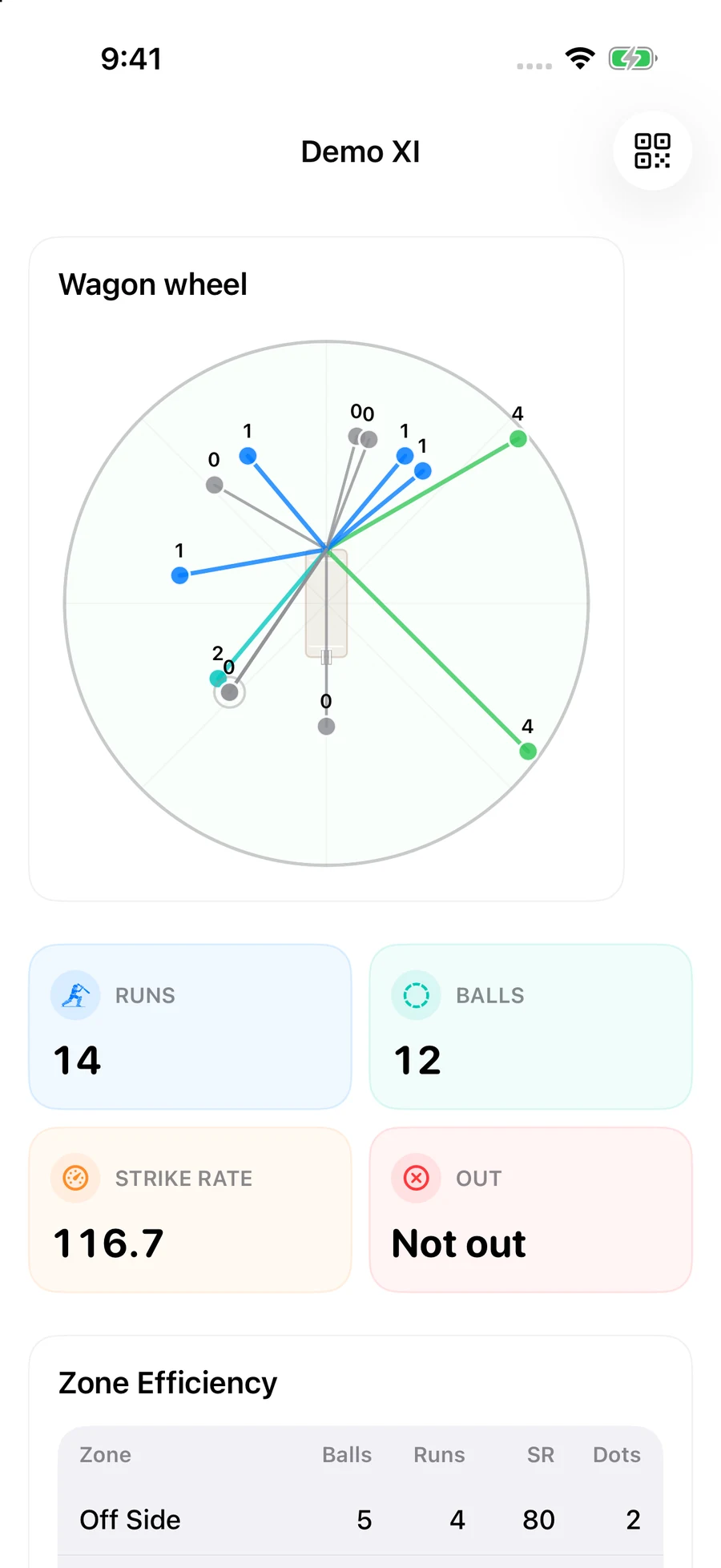 Saved batting feedback for the same synthetic innings, with a wagon wheel, 14 runs, 12 balls and a strike rate of 116.7