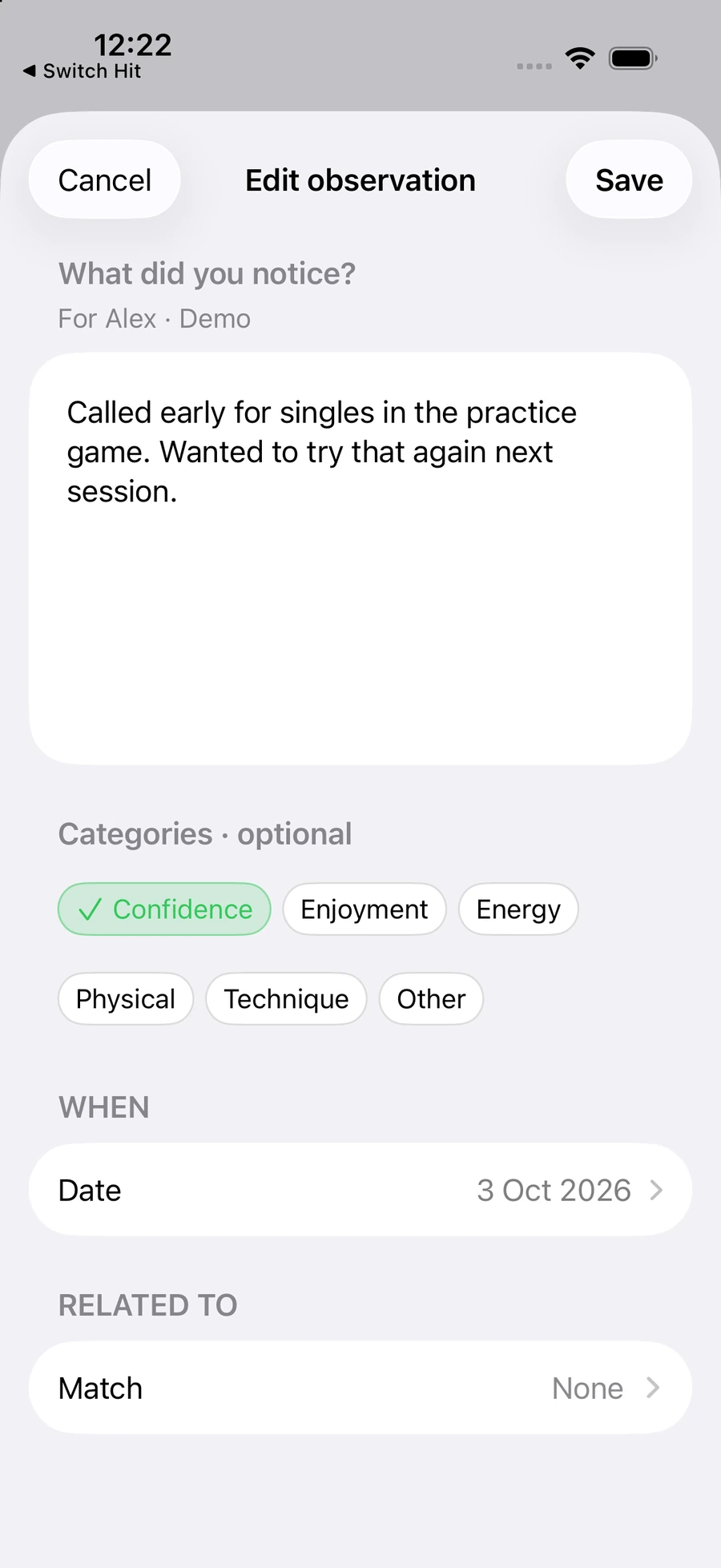 Edit observation screen with a synthetic training note and optional categories, including confidence and enjoyment