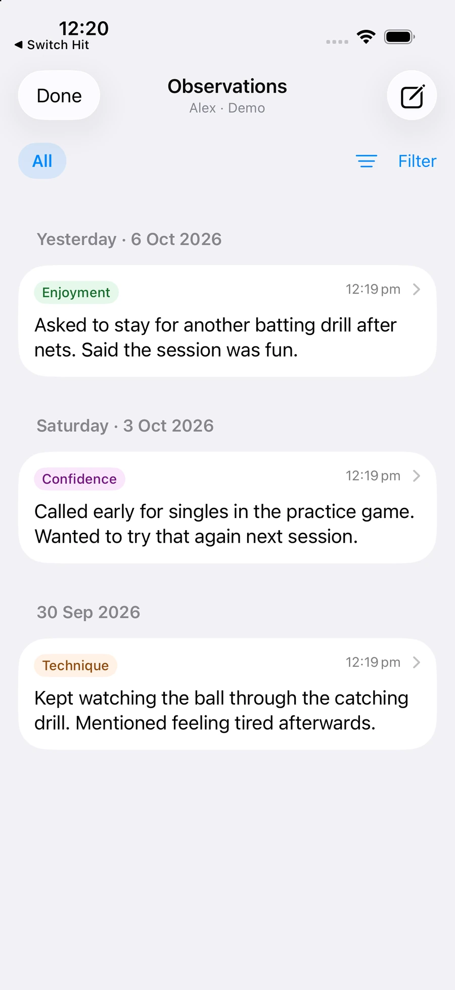 Parent observation history for Alex, a synthetic demo player, with confidence, enjoyment and technique notes