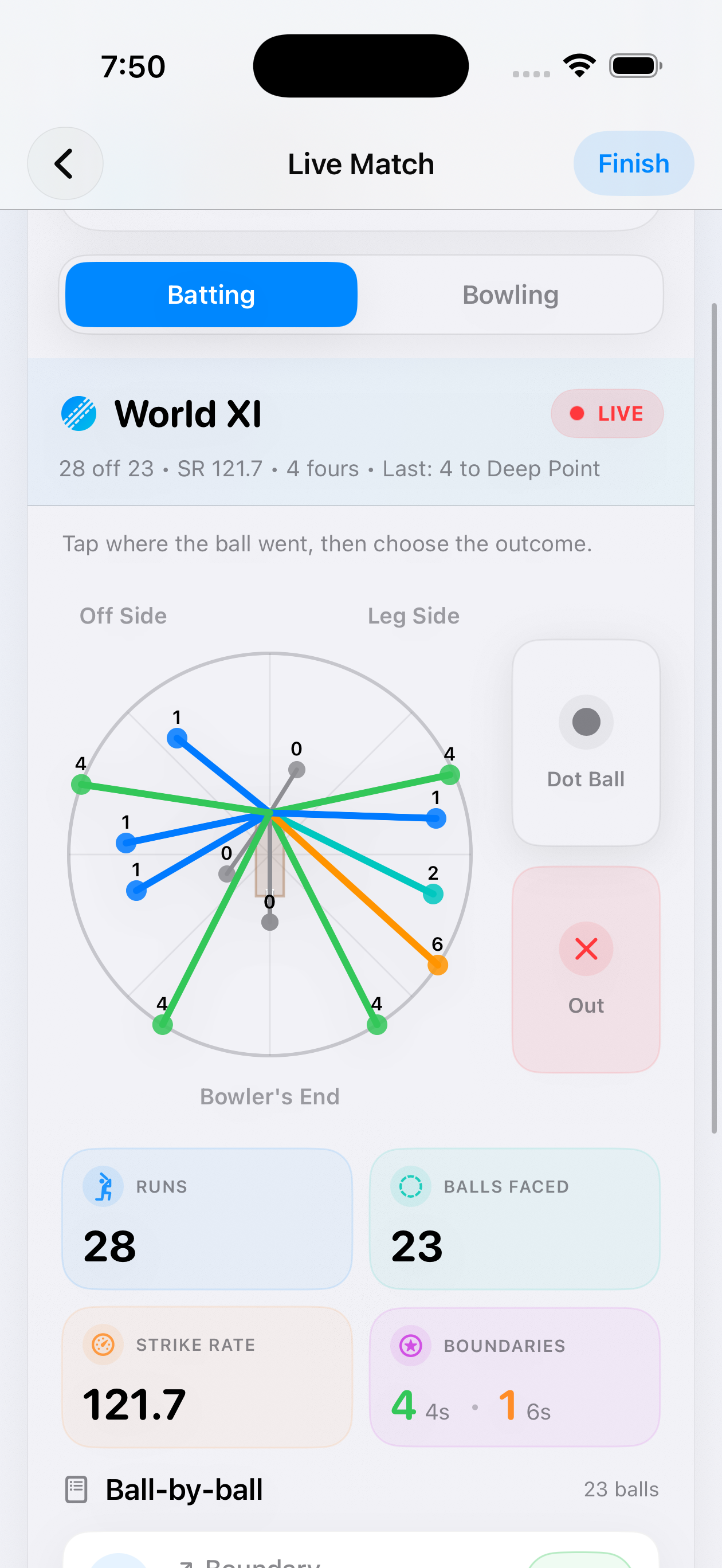 Switch Hit batting wagon wheel showing scoring zones, runs, balls faced, strike rate, and ball-by-ball history on iPhone
