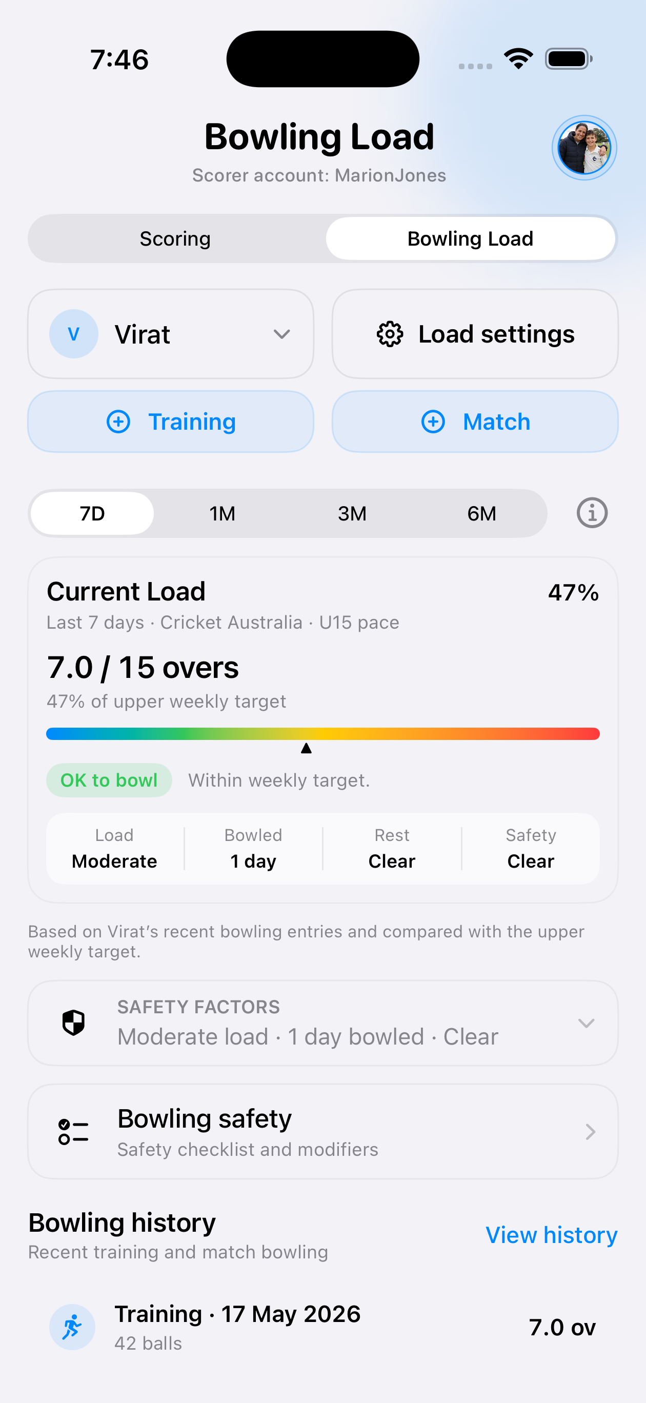 Switch Hit Bowling Load screen showing a junior player's current weekly load, Cricket Australia guideline target, bowling history, and safety status