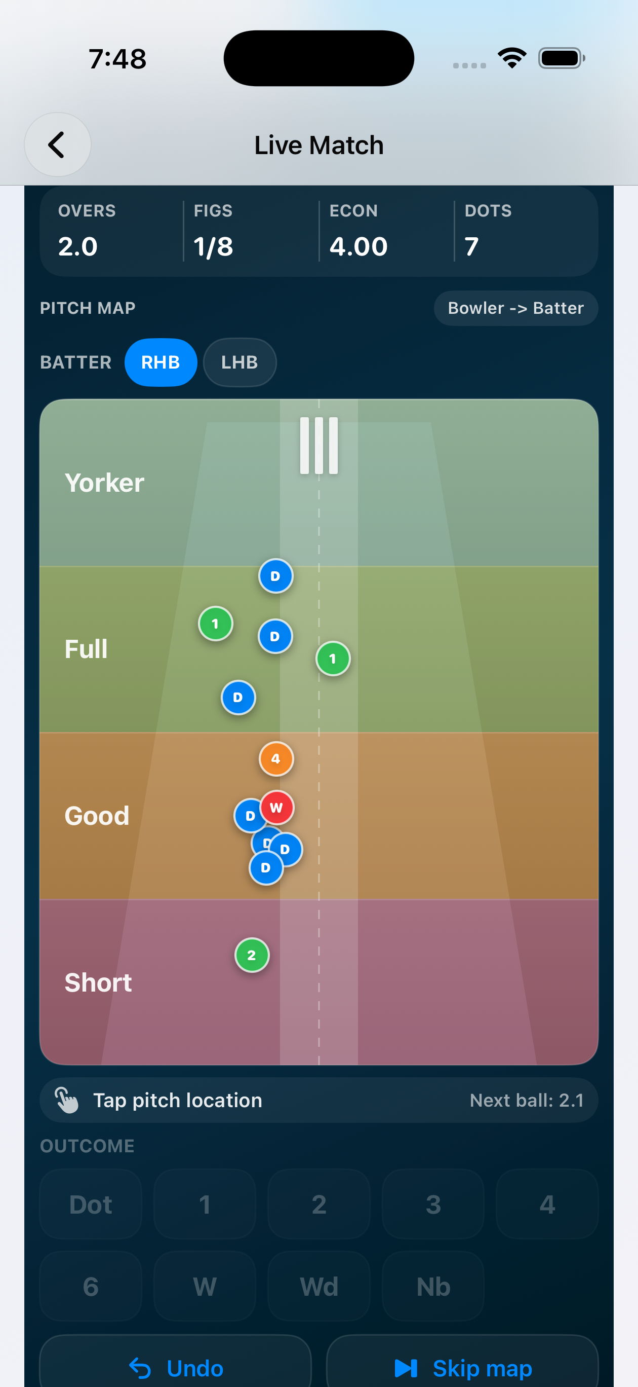Switch Hit bowling spell pitch map showing line, length, wickets, dots, economy, and outcomes on iPhone