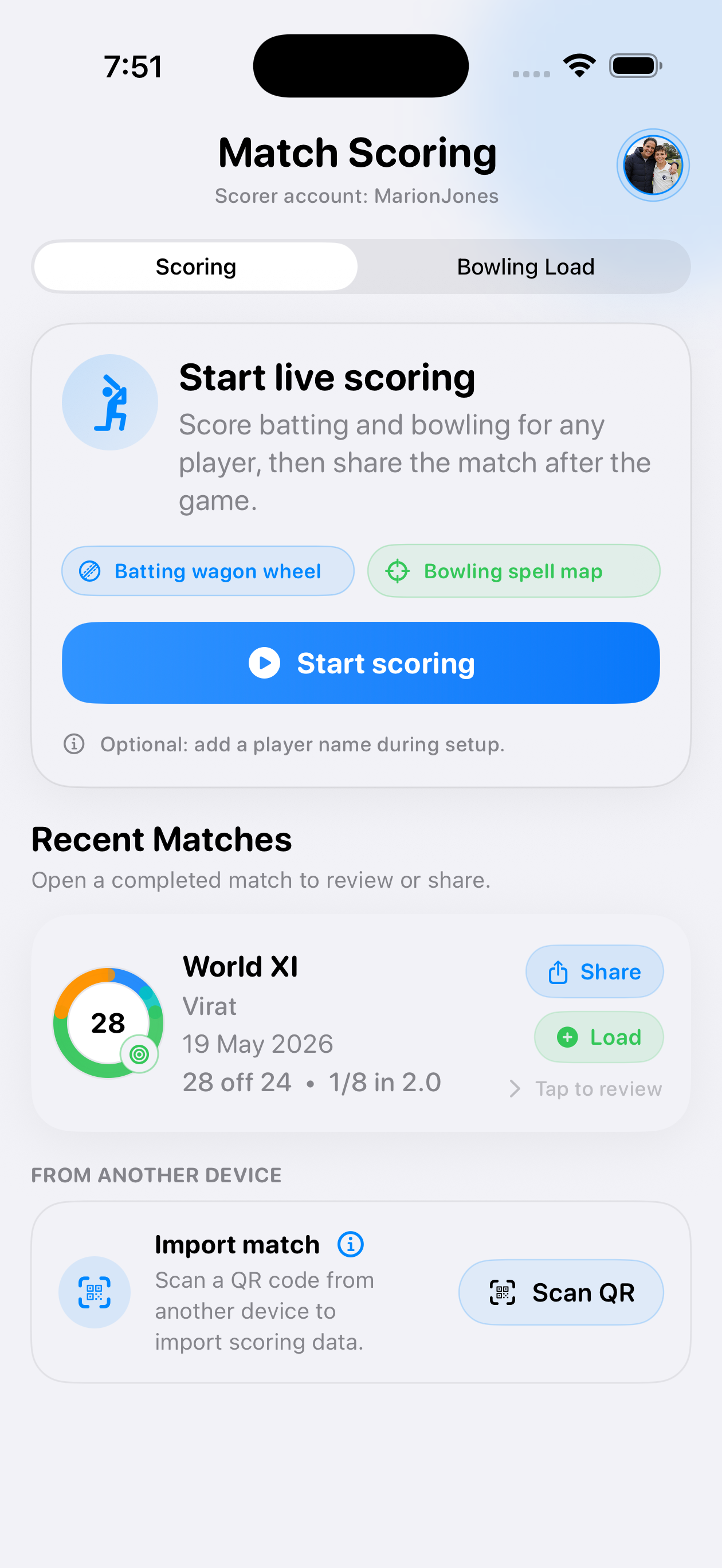 Switch Hit scorer home screen for starting live scoring and reviewing recent matches on iPhone