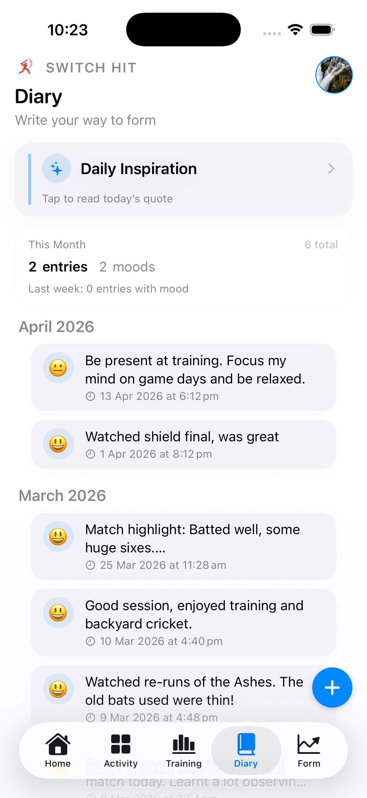 Switch Hit cricket diary screen showing player reflections, training notes, and season progress records