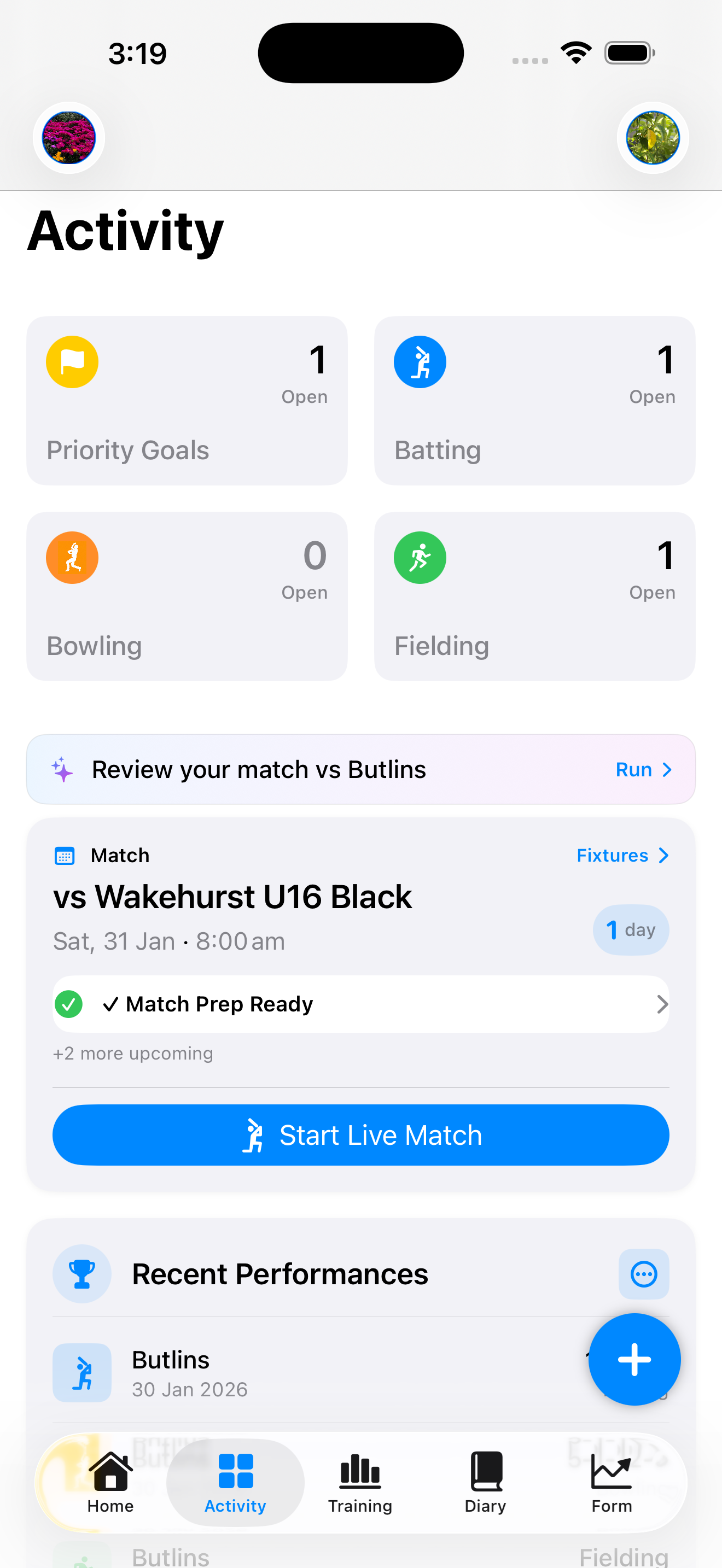 Switch Hit app training insights screenshot