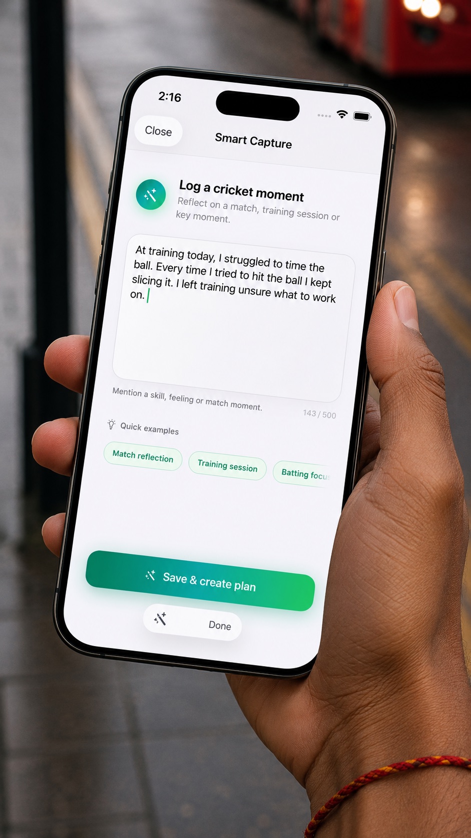 Switch Hit Smart Capture screen where a player records a cricket training reflection for AI coaching feedback